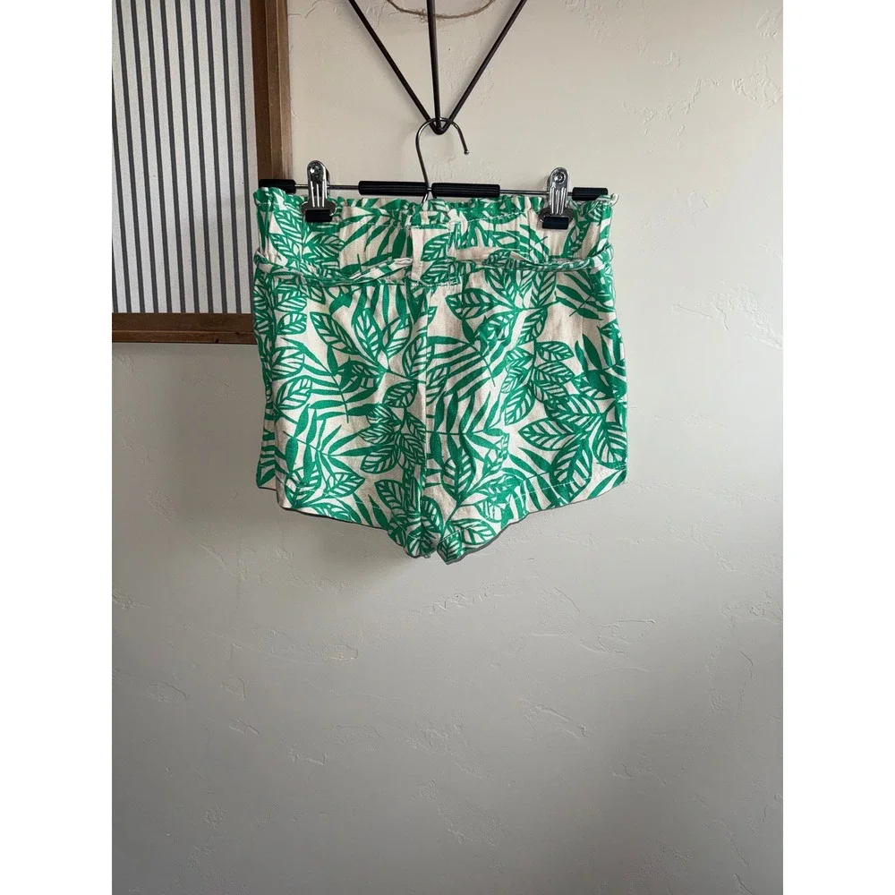 Cali 1850 Green Palm Leaf Linen Blend Paperbag‎ Waist Shorts Small